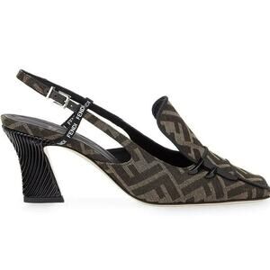Fendi Freedom Black Brown Jacquard FF Logo Square Toe Slingback Heel Pump 36.5